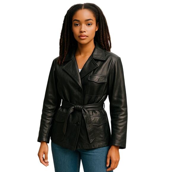 Vintage Tannery West Womens Black Leather Jacket Belted Moto Style Size Medium - Picture 1 of 10